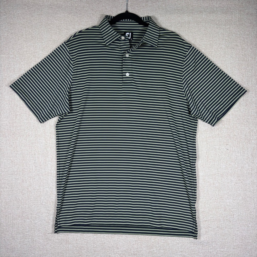FootJoy Mens Striped Golf Polo Shirt Navy Blue Lime Green Performance Medium
